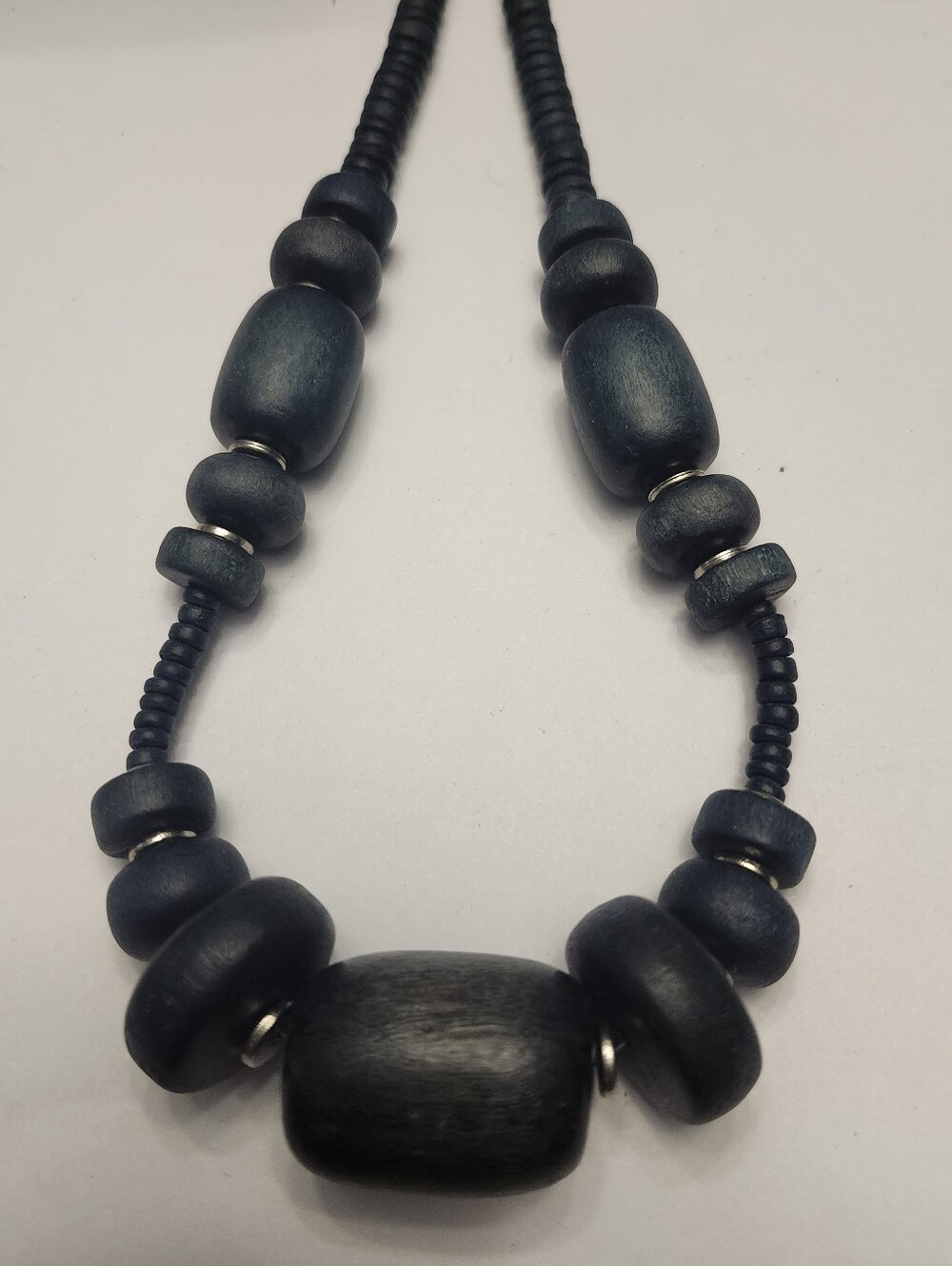 Vintage Handcrafted Navy Wooden Bead Necklace -